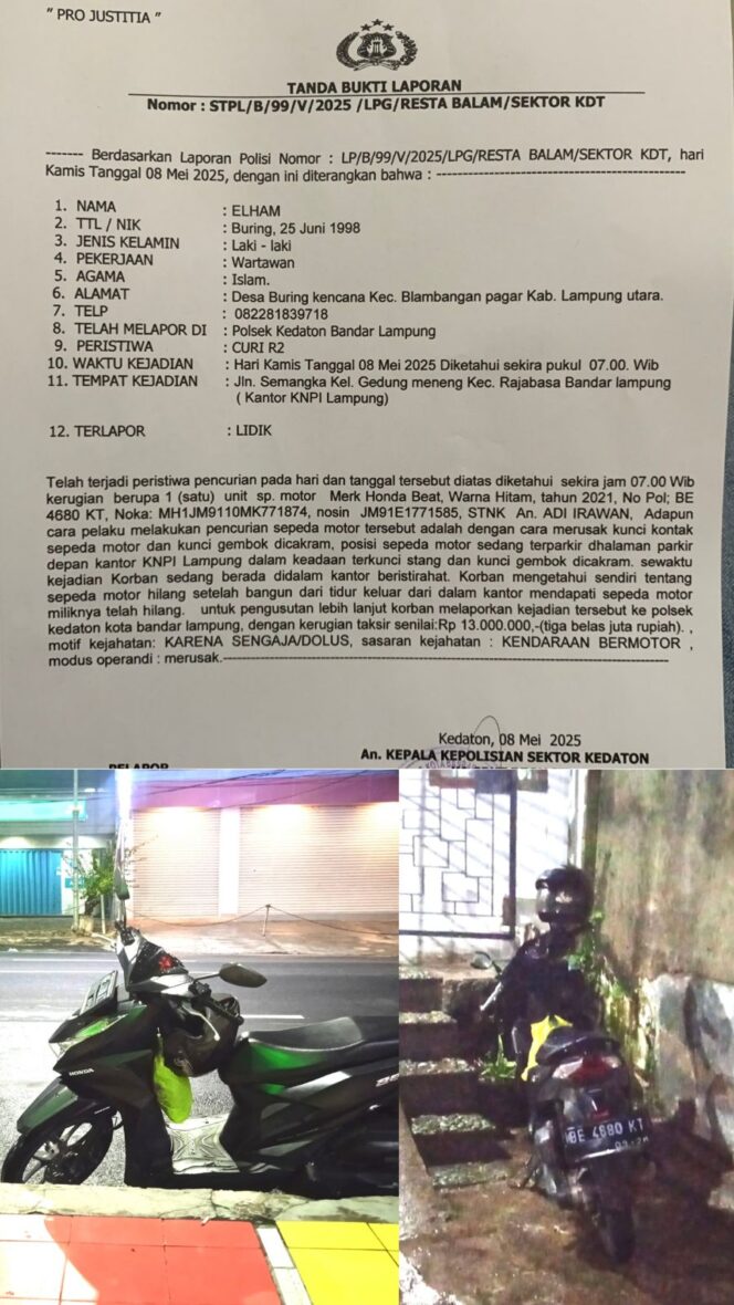 
					Jadi Korban Curanmor, Wakil Sekretaris IWO Alami Kerugian Ditaksir Rp13 Juta