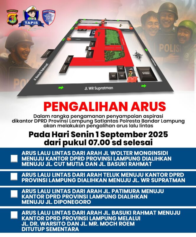 
					Aksi Demo di DPRD Lampung, Satlantas Alihkan Arus Lalu Lintas dan Imbau Warga Tunda Perjalanan