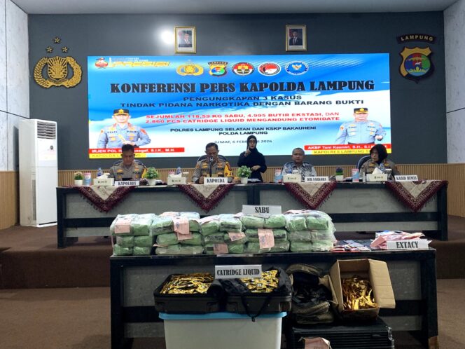 
					Polda Lampung Ungkap Peredaran Narkoba Jaringan Antar Provinsi, Sita Sabu 118,6 Kg dan Ribuan Ekstasi