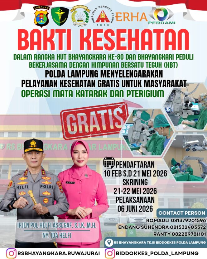 
					Polda Lampung Gelar Bakti Kesehatan Operasi Katarak dan Pterigium Gratis, Ini Jadwalnya